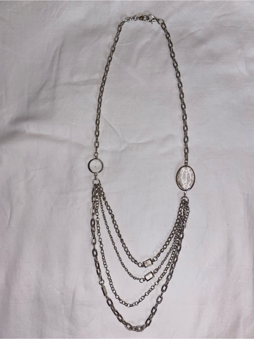 Layered Silver-Tone Necklace with White Stone Accents